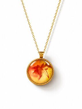 Handmade Maple Leaf Pendant Necklace Botanical Glass Art Gold Tone Boho